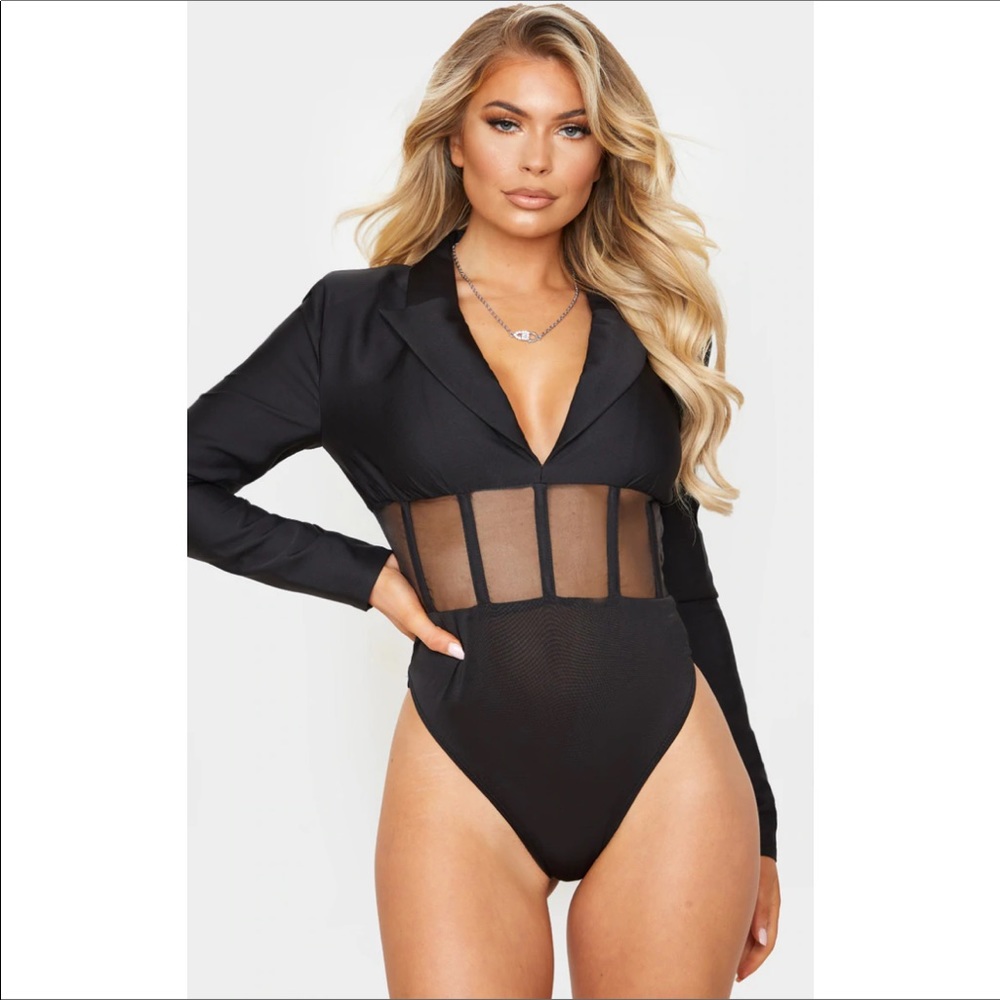 Pretty Little Thing Black Woven Mesh Panelled Insert Long Sleeve Bodysuit